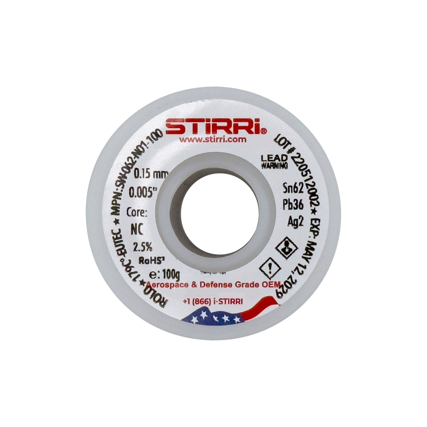 MT-062 - Sn62Pb36Ag2 mid-temp eutectic leaded solder wire NC-core ROL0 - 100g spool