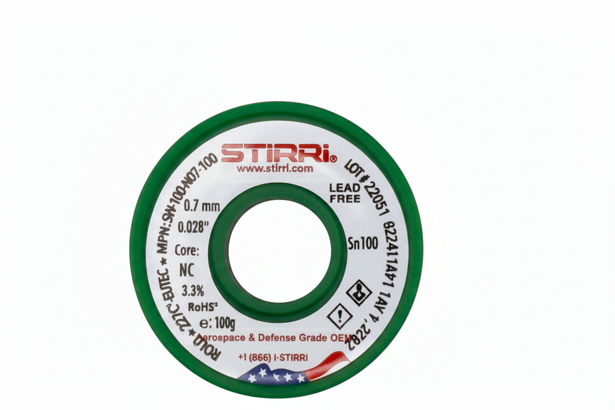 A spool of Stirri branded Sn100 lead-free selective solder wire with green and white packaging.